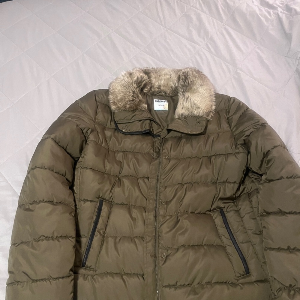 Old Navy Olive Puffer Jacket with Faux Fur Collar